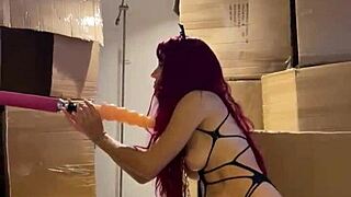 Cat Red Fetish Girl Aroused, Sucking Huge Sex Machine Cock Wildly!