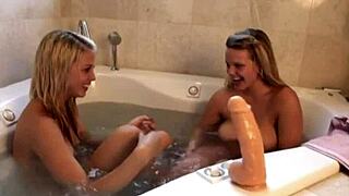 cute blonde teen lesbians lick suck dildos in steamy bath