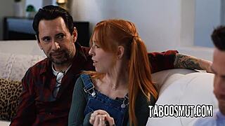 Pervy guy shares skinny redhead babe for rough anal double penetration