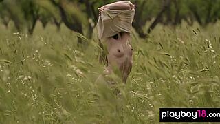 Ukrainian hottie janeth tense strips nude from sexy dress outdoors