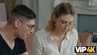 Nerdy blonde couple rims ass on sofa in fetish lust frenzy