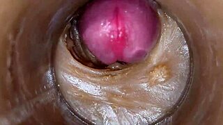 closeup precum fills shaved pussy in 4k vagina cam