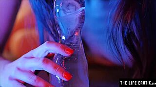 petite brunette rams huge ice dildo deep in tight asshole closeup