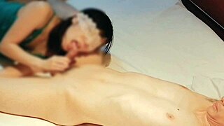 sexy japanese wife in green lingerie milks cum with hot blowjob