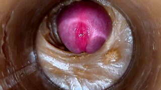 closeup precum fills shaved pussy in 4k vagina cam