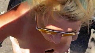 cheating blonde whore deepthroats cock for public daytime facial