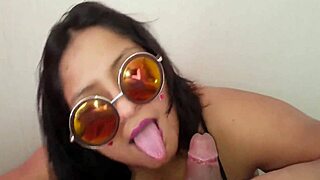 bbw latina's super tongue squirt in bikini cum swallow