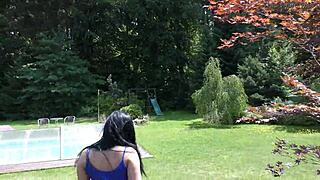 teasing miniskirt upskirt no panties pussy in garden 4k