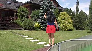 teasing miniskirt upskirt no panties pussy in garden 4k