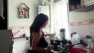 chubby latina housewife cooks jiggling fat belly big ass in panties