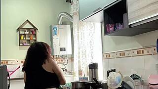 chubby latina housewife cooks jiggling fat belly big ass in panties