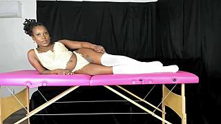 petite ebony model slips into sexy lace vintage lingerie