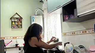 chubby latina housewife cooks jiggling fat belly big ass in panties
