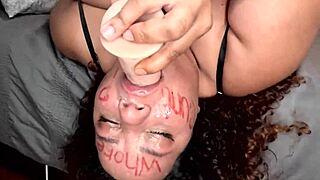 BBW Slut Deepthroats Dildo with Dirty Face Writing