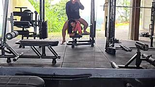 Husband films milf wife flashing and fucking gym slut passionately