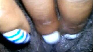 EBONY Jessica Grabbit fingers hairy pussy with rabbit toy