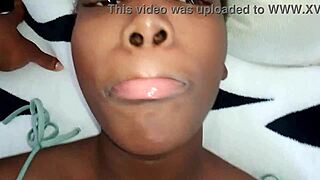 Big natural tits black ebony teen babe spreads wet pussy for hardcore bedroom training session