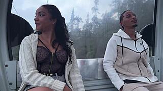 A slut with perfect natural tits teases blowjob in cable car before bent over doggystyle riding