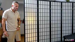 Blonde german slut caught masturbating seduces for rough belly cumshot