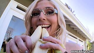 Blonde Bimbo Sucks Massive Banana With Huge Tits!