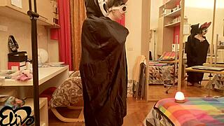 sexy girlfriend sucks passionately at halloween while he screams in pleasure