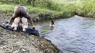 sunbathing riverside i make two hotties suck and creampie inside