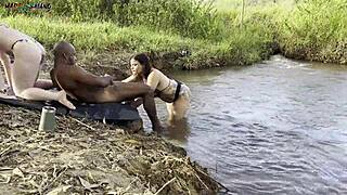 sunbathing riverside i make two hotties suck and creampie inside