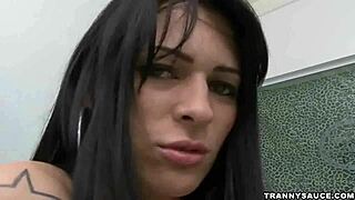 Wow, Busty Brunette Shemale Jerks Her Throbbing Cock!