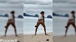 Naughty beach biker babe bends over for wild outdoor cock riding fun