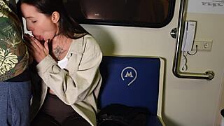 brunette sucks huge cock publicly then fucked in train car