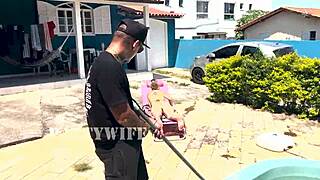 waiting for husband to leave, i gave full pool cleaner fuck in red sheer!