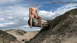 Athletic babe poses nude teases cock intensely at beach cums in plaza