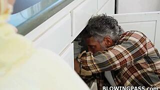 blonde teen proves she's better by deepthroating old man's monster cock