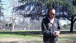 Curvy redhead with saggy natural tits tricked into rough coach pounding session