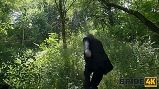 Cheating bride rides black cock cowgirl in forest wetness