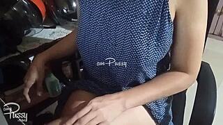 Shy Asian amateur bares shaved pussy and gropes it sensually on camera