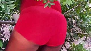 curvy ebony neighbor picks fruits outdoor in tight cameltoe tease