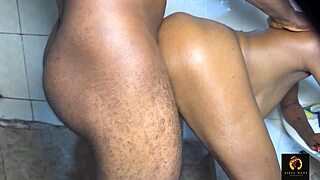 Sweet curvy ebony gets oiled toilet fuck after casting.