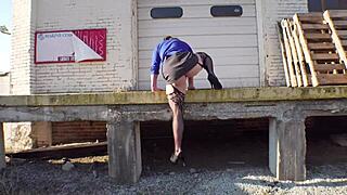 milf spreads huge ass anus at loading docks public