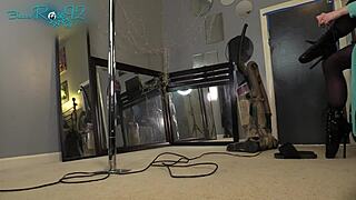 brunette milf vacuums in lingerie hobble boots heels