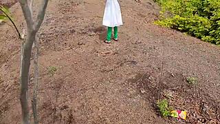 Ranch threesome creampie tears her pussy in woods!