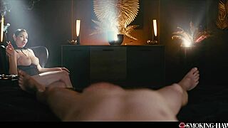 Smoking French slut strokes huge fake tits while dirty talking and masturbating