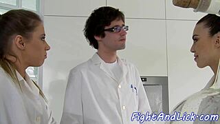 Nurse babes wrestle then dive into hot lesbian pussy licking