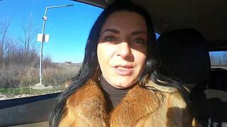 cheating amateur sneaks outdoor cock sucking with friend during fur-coat shopping tease