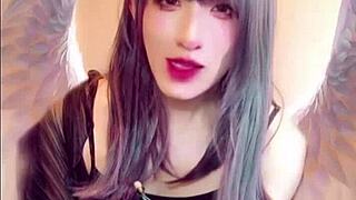beautiful ladyboy masturbates on cam while crossdressing