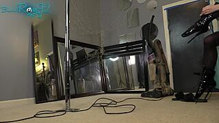 brunette milf vacuums in lingerie hobble boots heels