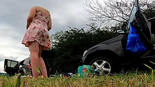 Girls flash no panties outdoors during lingerie try-on haul in short summer dresses and miniskirts.