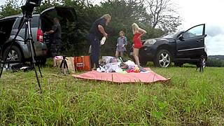 Girls flash no panties outdoors during lingerie try-on haul in short summer dresses and miniskirts.