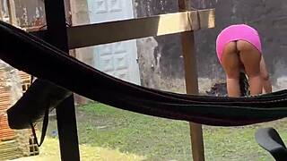 Boldly paying curvy Colombian neighbor for wild outdoor tit flashing fuck