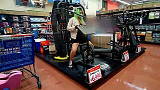 Sexy Latina upskirt flashes big ass no panties supermarket
